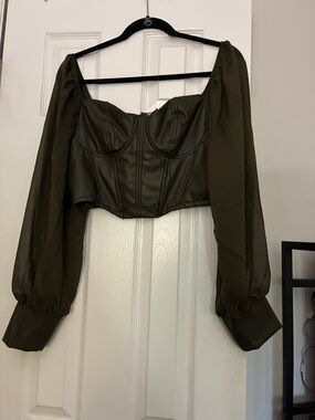 Olive Green Puff-Sleeve Corset Top
